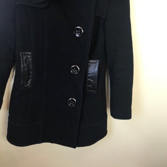 Mackage Wool Leather Fitted Car Coat Large Collar Pockets Wool Pea Coat Jacket - Picture 6 of 16